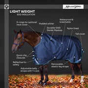 1200D Lightweight 80g Euro Cut Horse Winter Turnout Blanket - Waterproof & Breathable