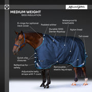 1200D Midweight 180g Euro Cut Horse Winter Turnout Blanket - Waterproof & Breathable